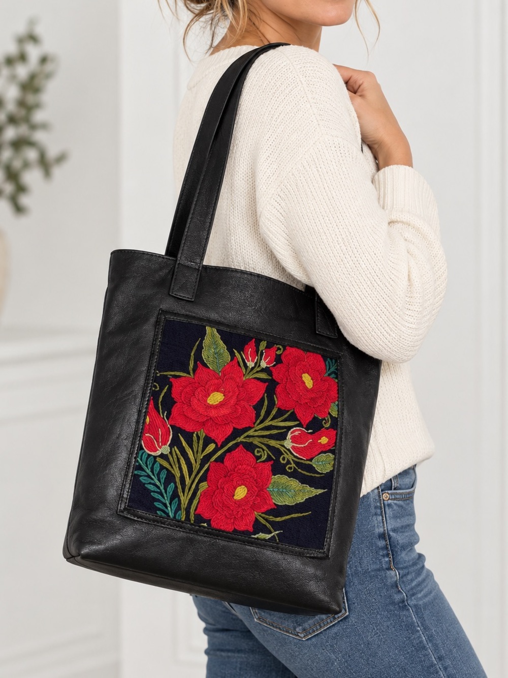 Black Leather Tote Bag Floral Embroidered Boho Shoulder Purse Handbag
